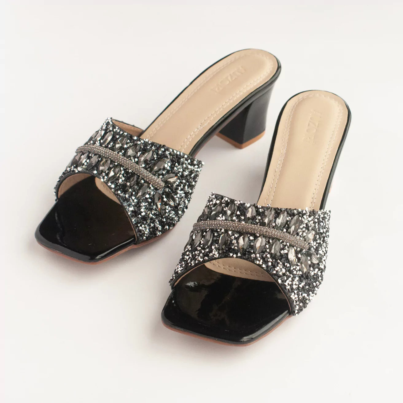 Black Stones Beads Embellished Block Heels – AUZORI
