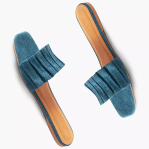 Denim Ruffled Flat Slides