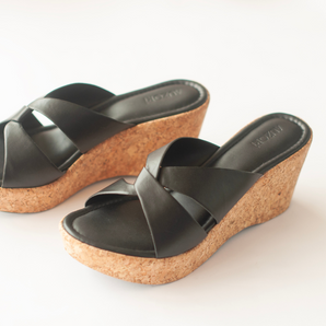Criss Cross Black Interlocked Cork Wedges
