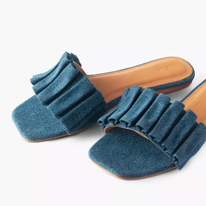 Denim Ruffled Flat Slides