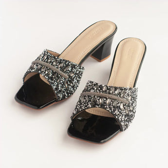 Black Stones & Beads Embellished Block Heels 1
