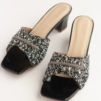 Black Stones & Beads Embellished Block Heels 2