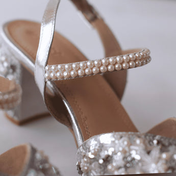 DAZZLING Embellished Block Heels in Silver 1