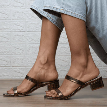 DELICATE Bronze Low Heel Strappy Block Heels