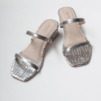 DELICATE Silver Strappy Low Block Heels 6