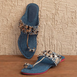Denim Embroidered Mirror Kolhapuri Flats 2