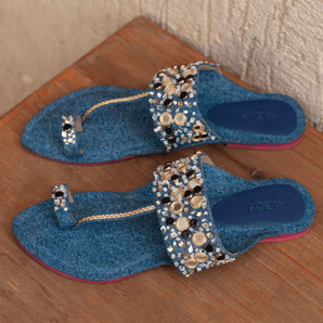 Denim Embroidered Mirror Kolhapuri Flats 2