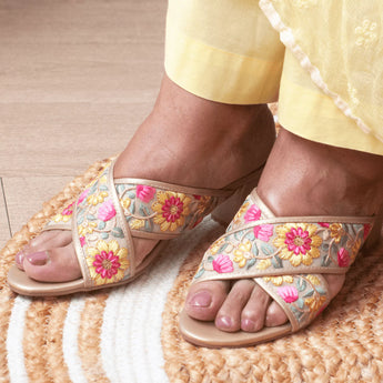 GRACEFUL Floral Embroidered Gold Block Heels 1