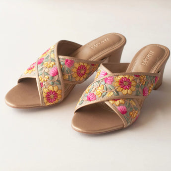 GRACEFUL Floral Embroidered Gold Block Heels 3