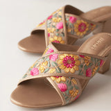 GRACEFUL Floral Embroidered Gold Block Heels 4