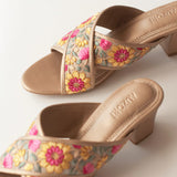 GRACEFUL Floral Embroidered Gold Block Heels 5