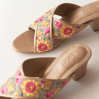 GRACEFUL Floral Embroidered Gold Block Heels 5