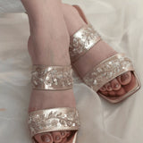 Gold Embroidered Two Strap Block Heels 1