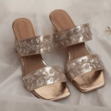Gold Embroidered Two Strap Block Heels 2