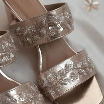 Gold Embroidered Two Strap Block Heels 3