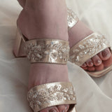 Gold Embroidered Two Strap Block Heels 4