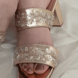 Gold Embroidered Two Strap Block Heels 5