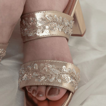 Gold Embroidered Two Strap Block Heels 5