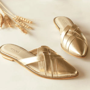 Gold Pointed Flat Mules for ladies top shot