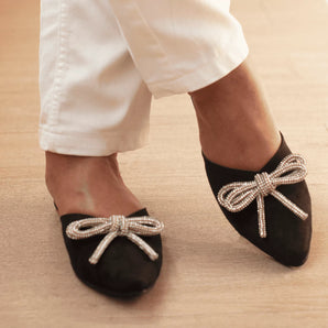 ICONIC Black Embellished Flat Bow Mules 1