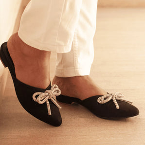 ICONIC Black Embellished Flat Bow Mules 2