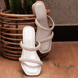 PRECIOUS Off White Pearl Low Heel Block Heels 5