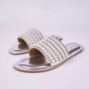 Pearl Embellished Metallic Silver Flats 5