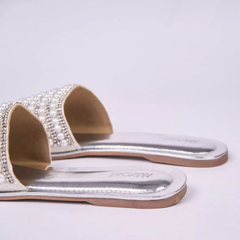 Pearl Embellished Metallic Silver Flats 6