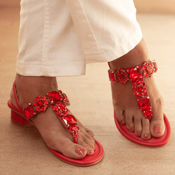 RADIANT Ruby Red Rhinestone Embellished Block Heels 1