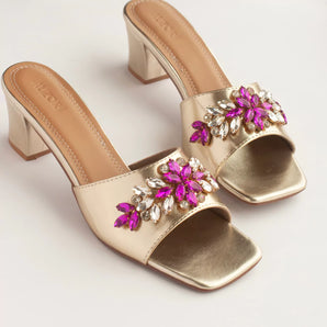 Rani Pink Stones Embellished Gold Block Heels 1