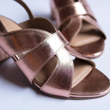 bold rose gold block heels party wear in white background side shot