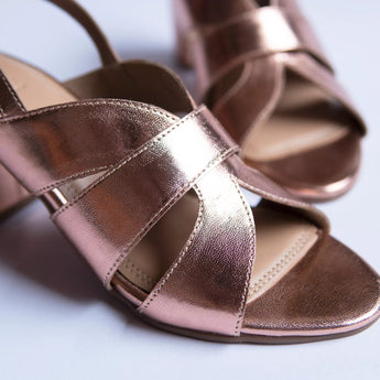 bold rose gold block heels party wear in white background side shot