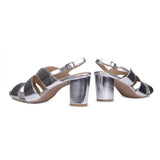 bold silver party block heels close up heel shot