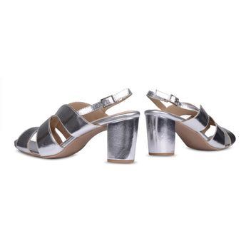 bold silver party block heels close up heel shot