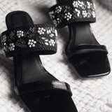 gleaming Black Embroidered Block Heels close up shot