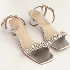 glitter rhinestone silver block heels in white background