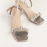 glitter rhinestone silver block heels in white background top shot