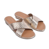 gold criss-cross open toe flats for women single pair side shot