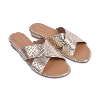 gold criss-cross open toe flats for women single pair side shot