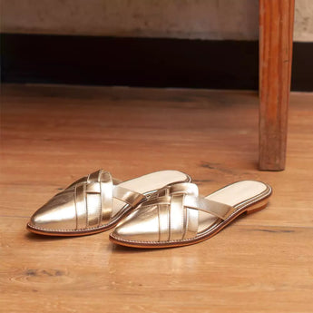 Gold Pointed Flat Mules floor shot