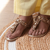 woman wearing radiant gold rhinestone block heels