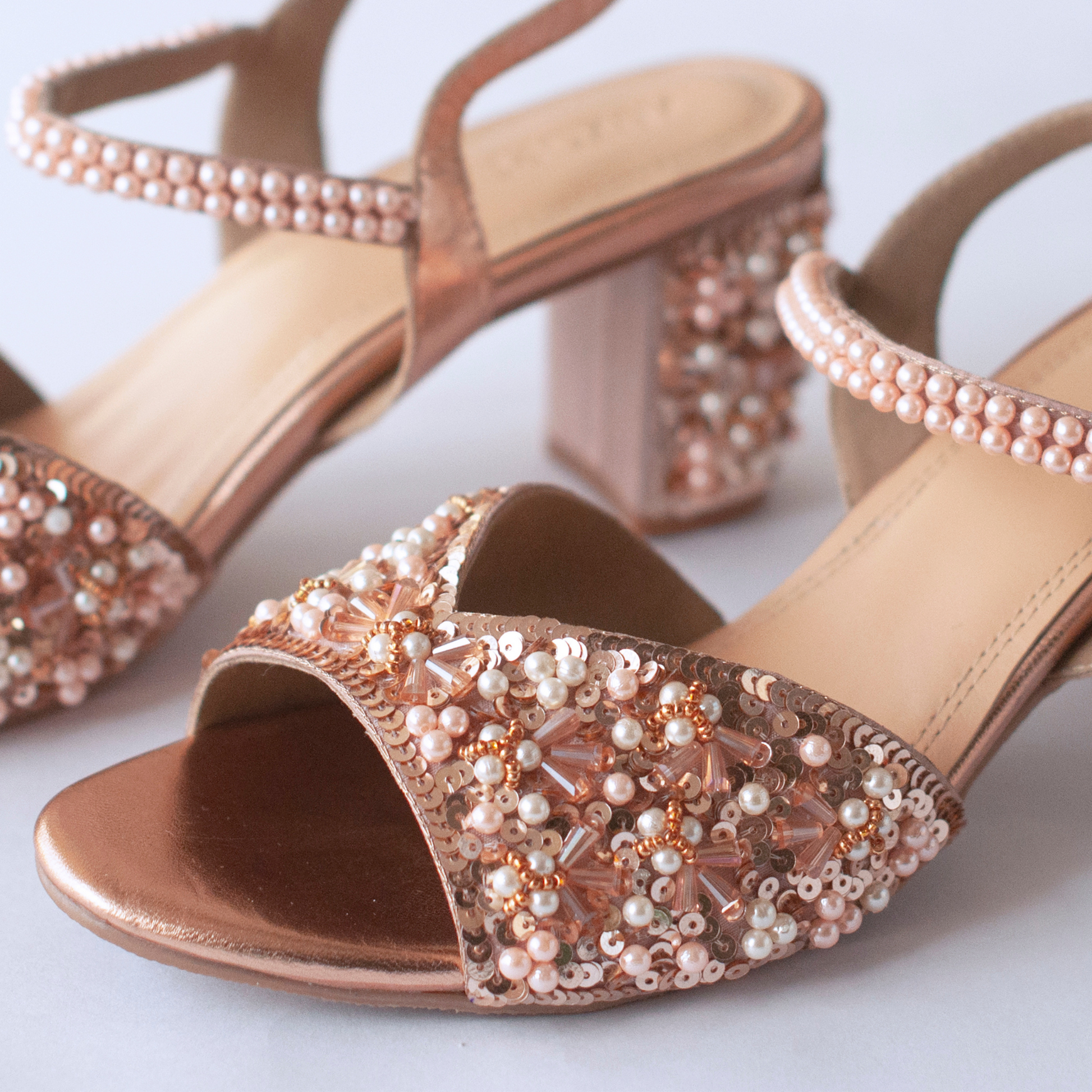 Rose gold rhinestone block 2025 heels